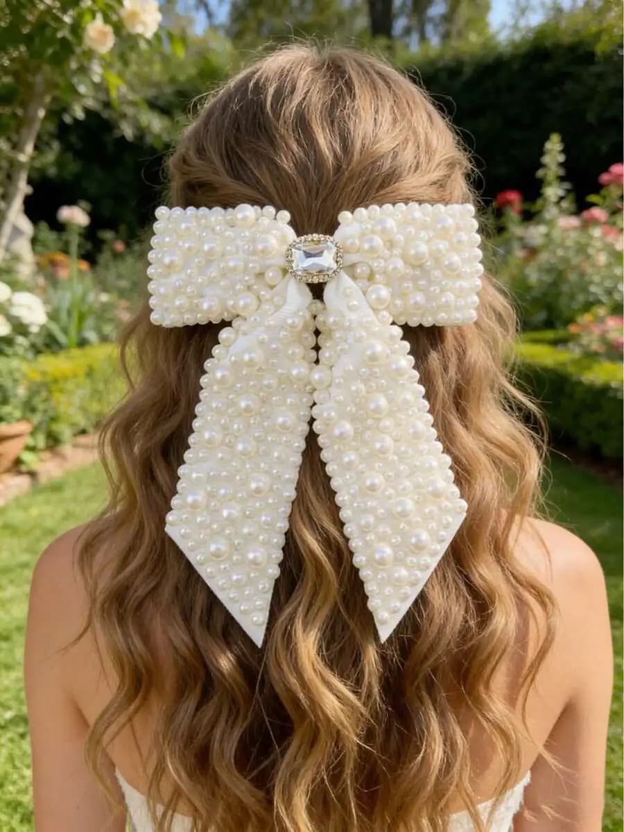Elegante fermaglio per capelli da donna con fiocco in finta perla per l'uso quotidiano, feste, matrimoni, viaggi estivi
