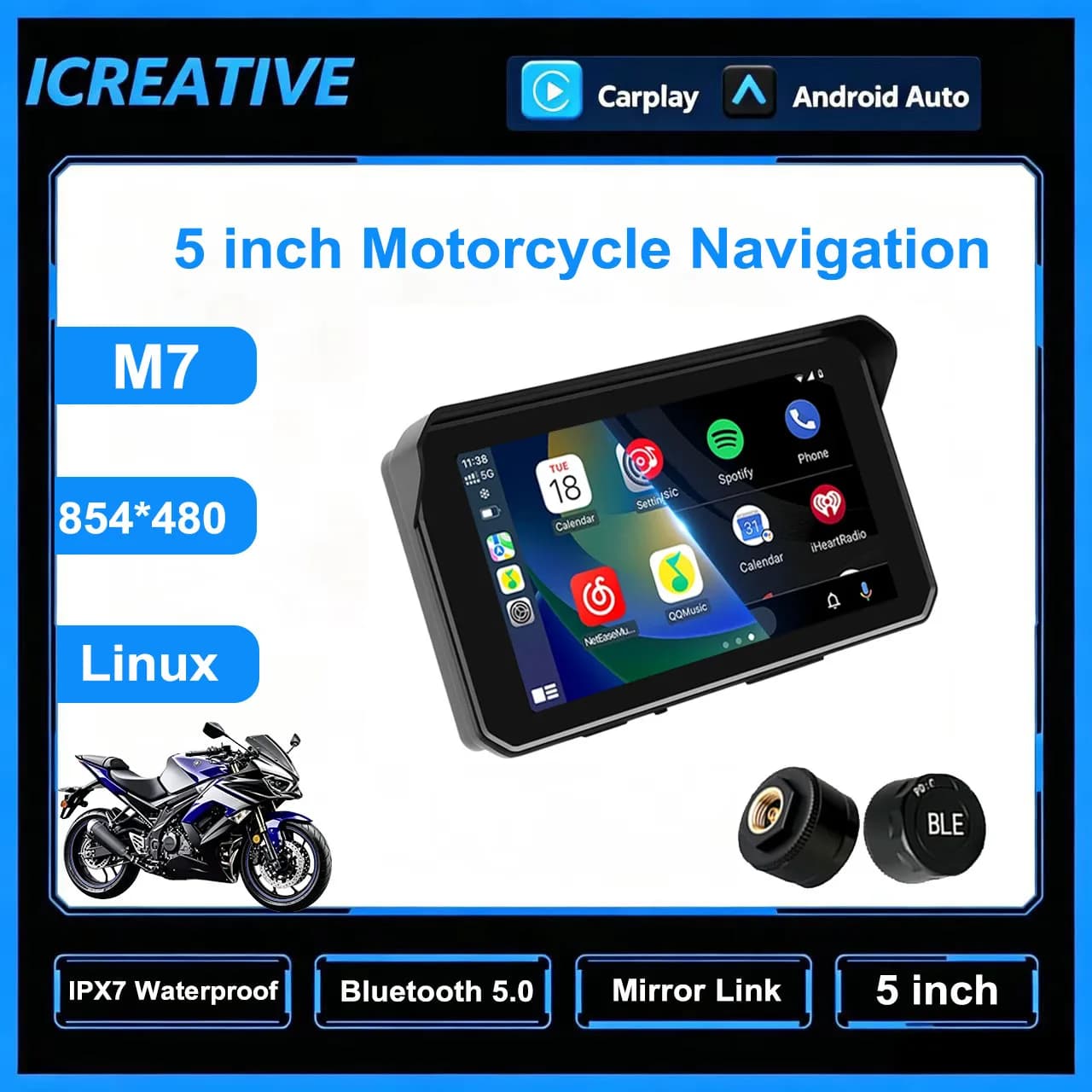 5 inch Motorcycle Navigation GPS Stereo Wireless CarPlay Android Auto Linux IPX7 Waterproof Display Screen Portable Moto Monitor
