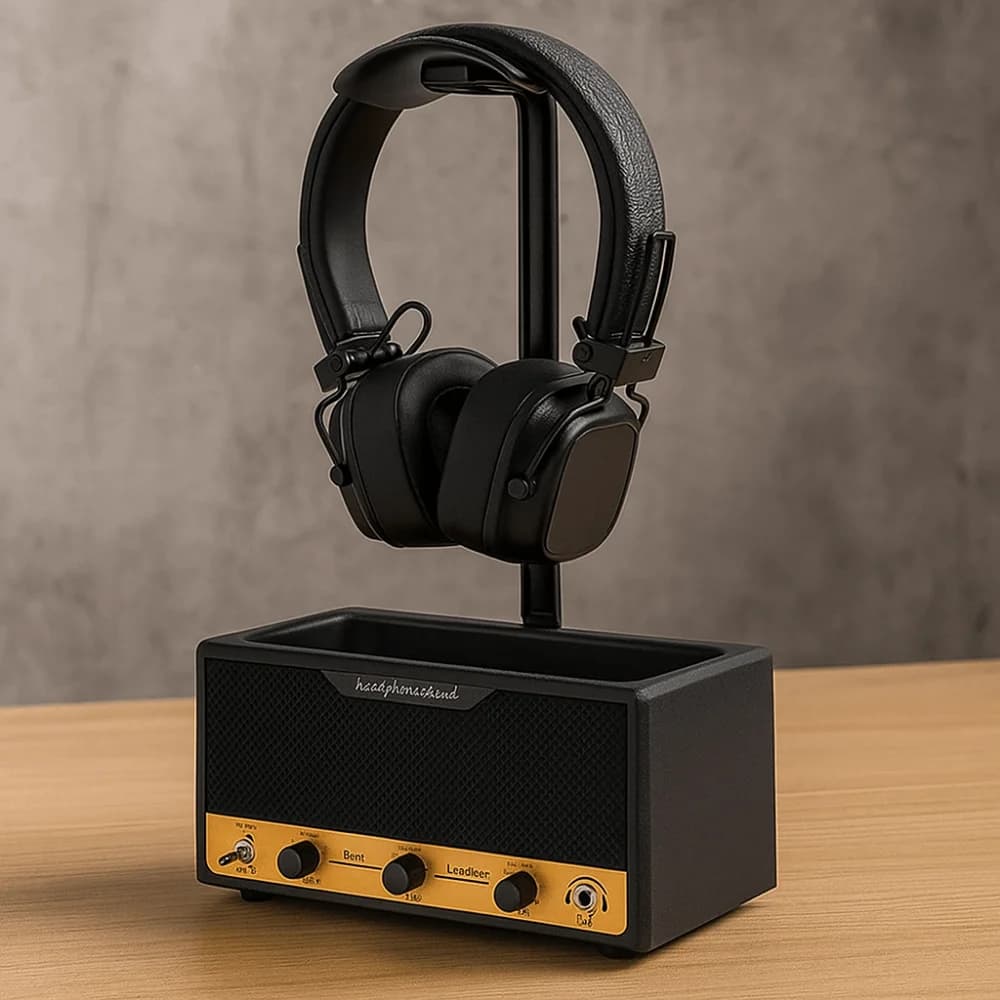 Spacious metal headphone stand with curved design, decorative display for earphones and gaming headphones with support bar