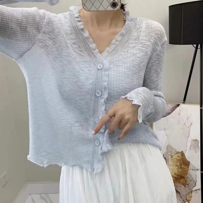 Women Long Sleeve Sheer Knit Cardigan Light Blue V Neck Ruffle Trim Buttons Thin Ice Silk Sunscreen Cropped Summer Shawl Top