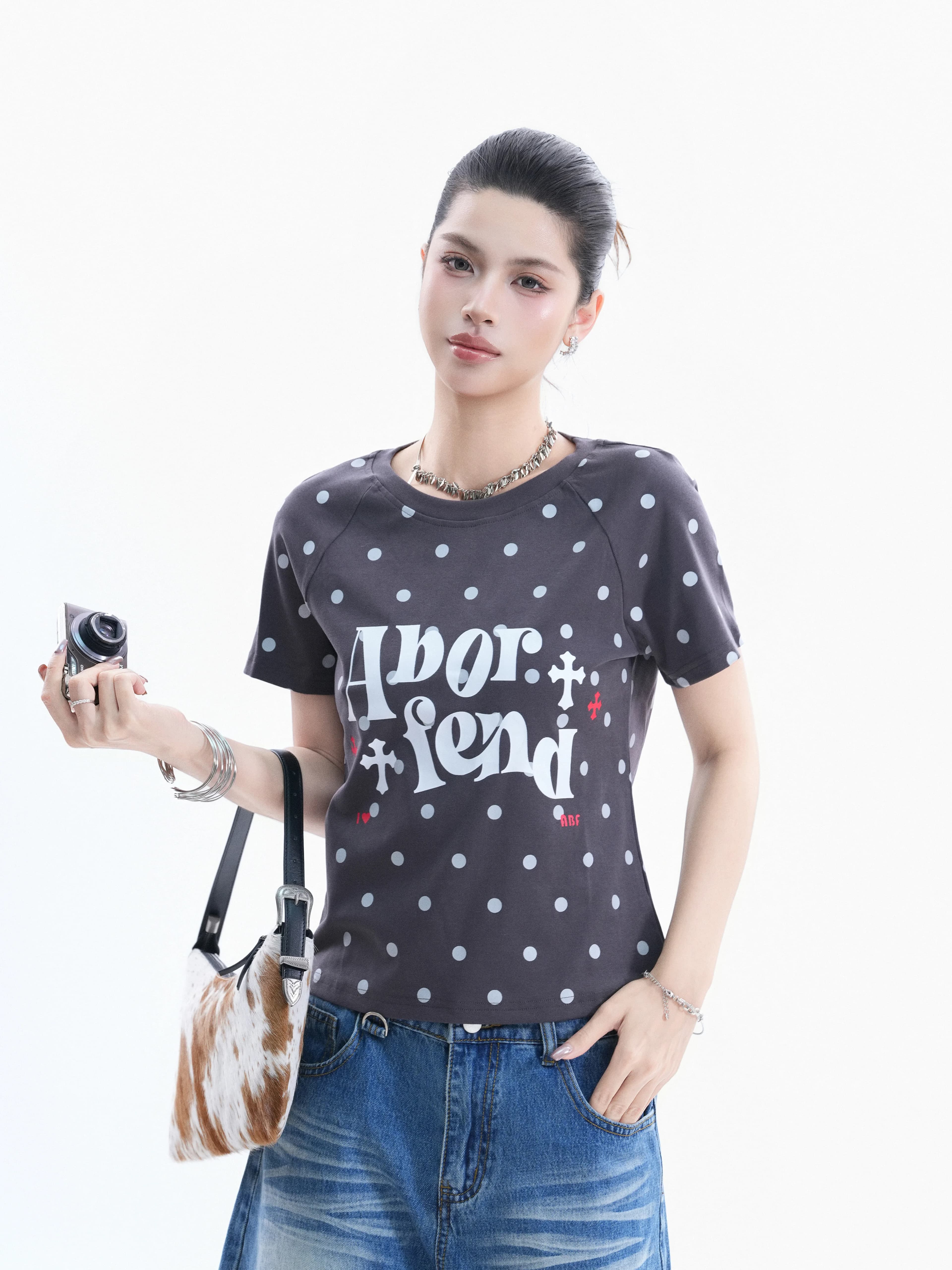 Retro American Polka Dot Short Sleeve T-Shirt Women's Letter Print Shoulder Insert Loose Slimming Short Length Top Cotton Ble...