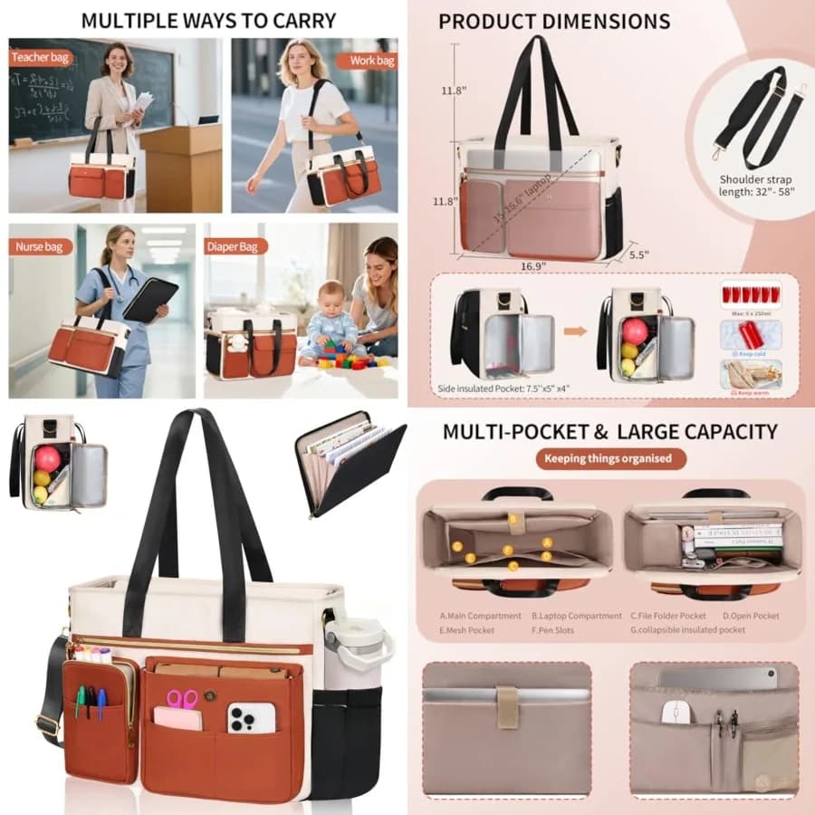 ESTARER Borsa tote da donna per insegnanti, 2 pezzi, borsa da lavoro per laptop, borsa per computer con cartella portadocumenti e tasca termica, grande, resistente all'acqua
