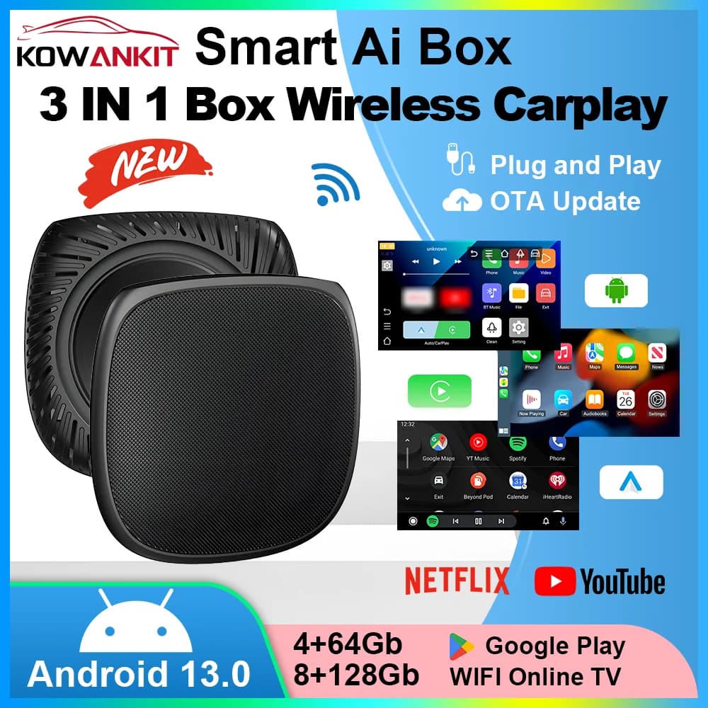 KowanKit Wireless CarPlay Android Auto 3 in 1 AI Box Smart 128G Android13 Apple Netflix Youtube Plug & Play Adatto ai auto dai 2016+