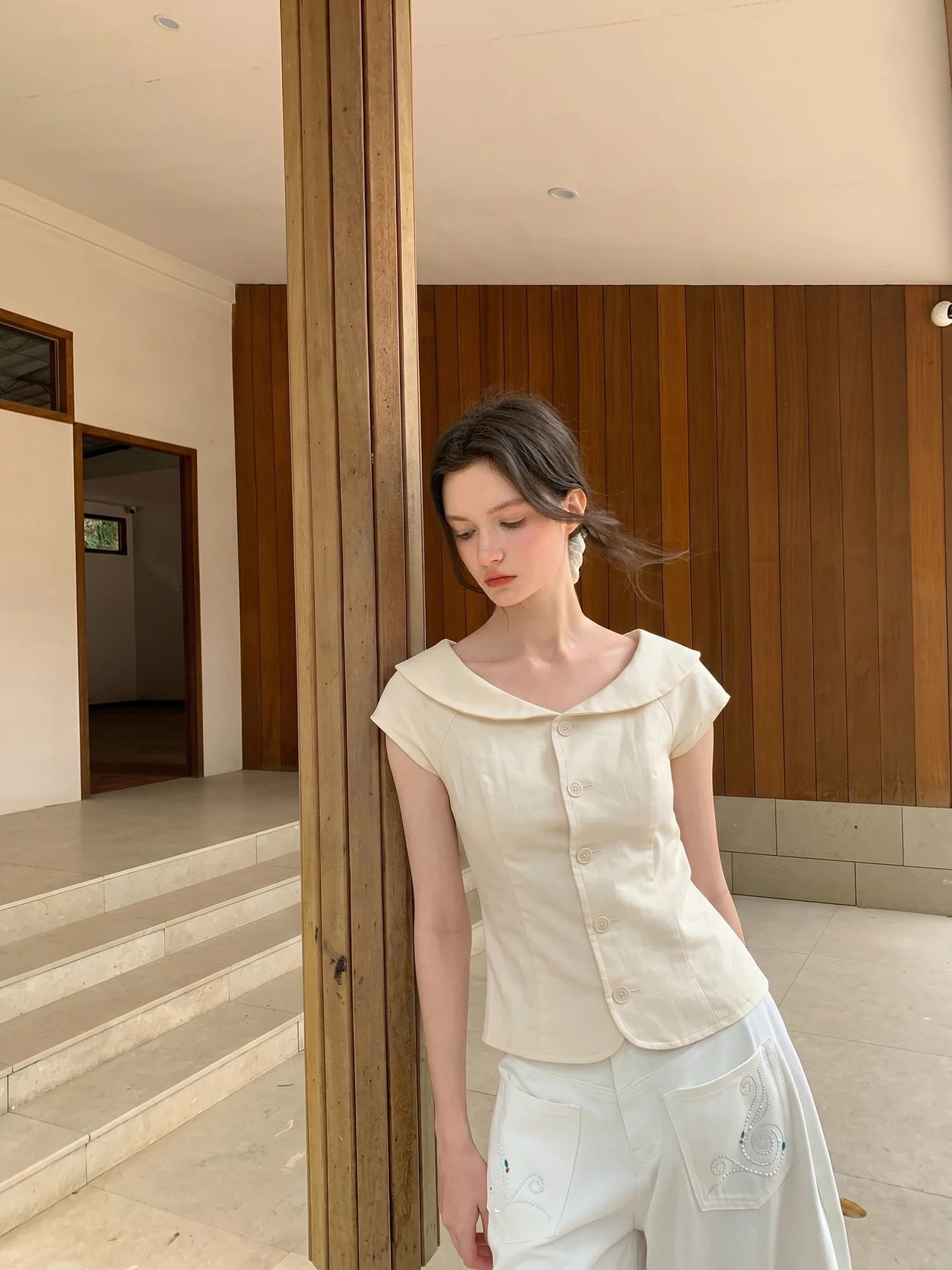 CRUCREAMSU Slim Fit Shirt for Women Summer Short Sleeve Doll Collar Waist Cinched Girl Feeling Top French Style Casual Wear