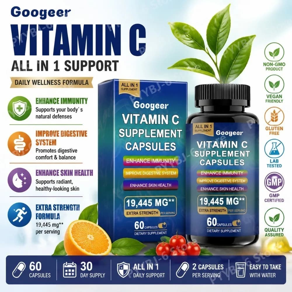 Googeer Integratore di Vitamina C in Capsule Extra Forte 60 CT, Gelatina Glicerina Sodio, Supporta l'Immunità e il Benessere della Pelle Quotidianamente