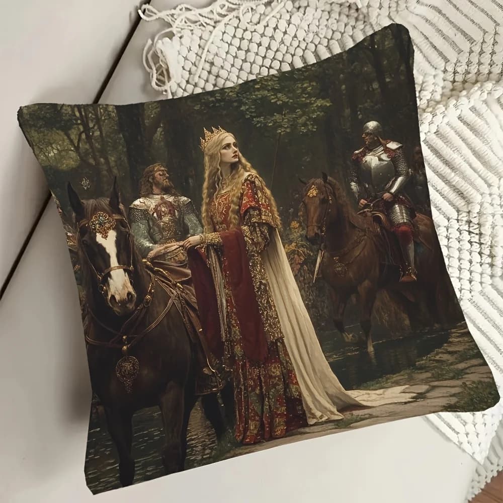 1 federa per cuscino con stampa 2D fronte-retro in poliestere, design Regina Medievale e Cavalieri, arte fantasy vintage con realeza nella foresta, stile gotico per la casa e l'arredamento.