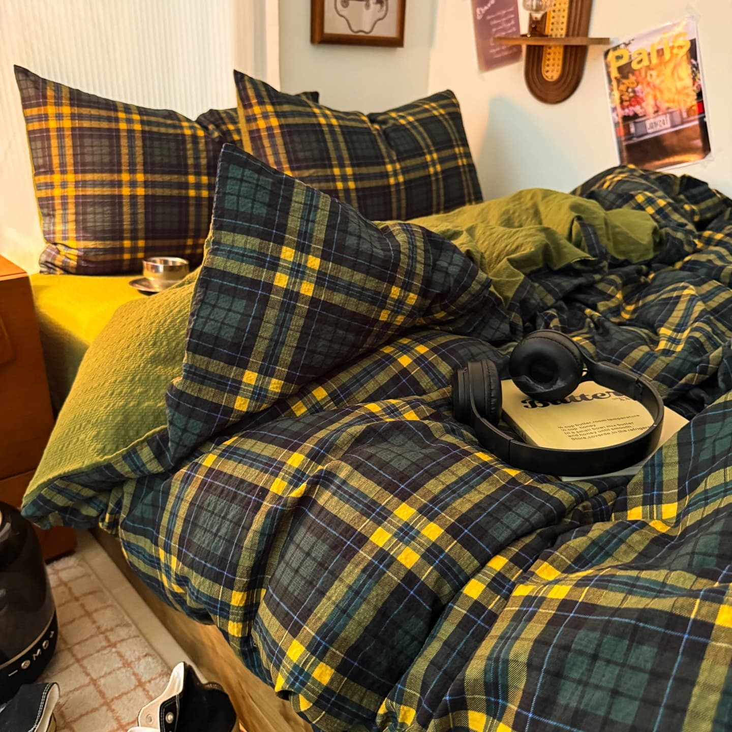 Retro Green Yellow Plaid Bubble Crinkle Bedding Set, 1 Duvet Cover + 2 Pillowcases, Breathable Wrinkle-Resistant Duvet Cover Set