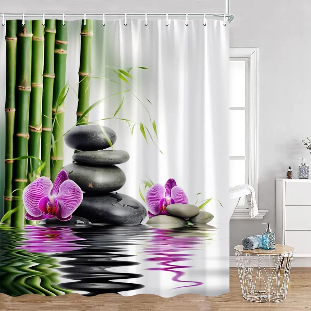 Zen Shower Curtains Green Bamboo Lotus Black Stones Buddha Meditation Bathroom Decorations Polyester Bath Curtain with Hooks