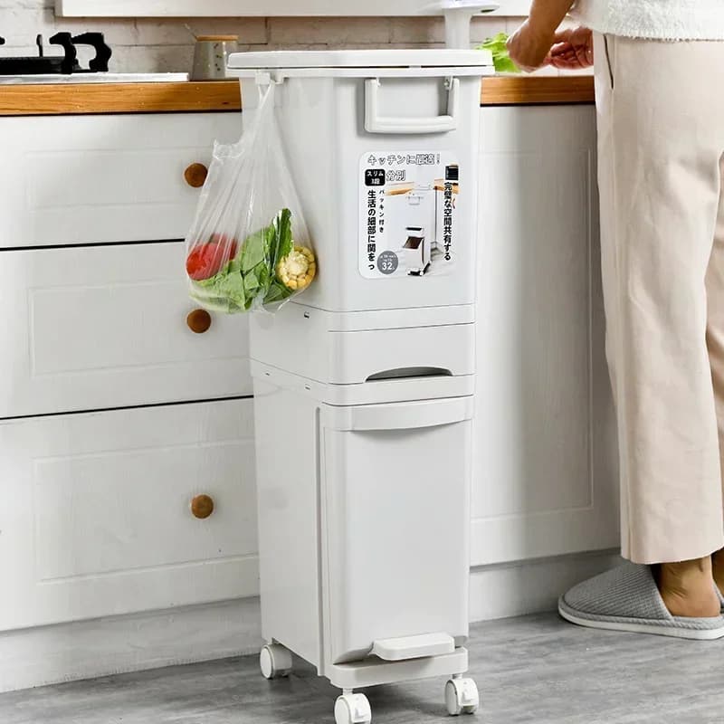 Bidone della spazzatura semplice a tubo lungo, pattumiera a doppia partizione, cestino della spazzatura con puleggia mobile, bidone della cucina con separazione asciutta e bagnata