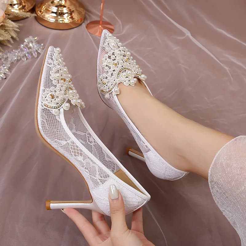 Scarpe da donna in rete con tacco alto da donna Nuove scarpe singole cave a punta estive Perla da donna