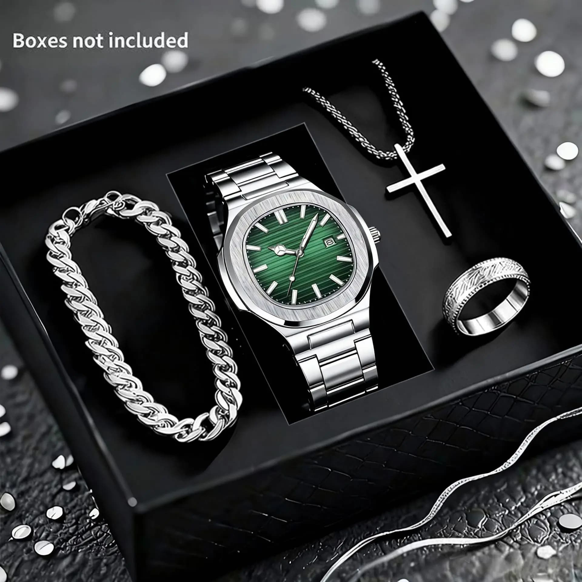 Set 4 Pieces: Stainless Steel Men's Watch, Bracelet, Ring and Necklace - Gift Set 2 Pieces with Men's Casual Quartz Watches for Business