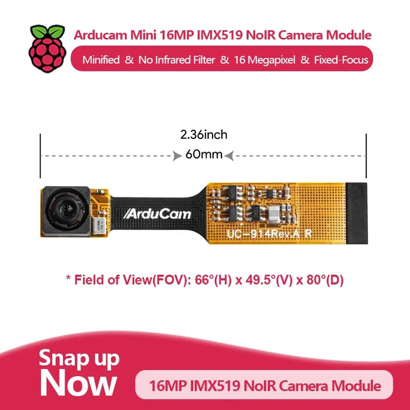 Modulo telecamera Arducam Mini 16MP IMX519 NoIR, 16 Megapixel, compatibile con Raspberry Pi 5 e Zero Series