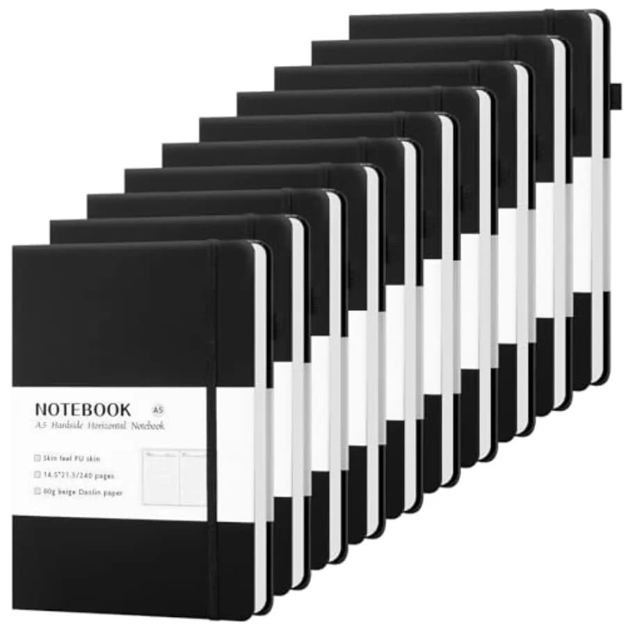 VZZNN 10 Pack PU Leather Hardcover Notebook, A5 Lined Journal Notebooks for Writing, Business Work, Travel, School, College, 5.