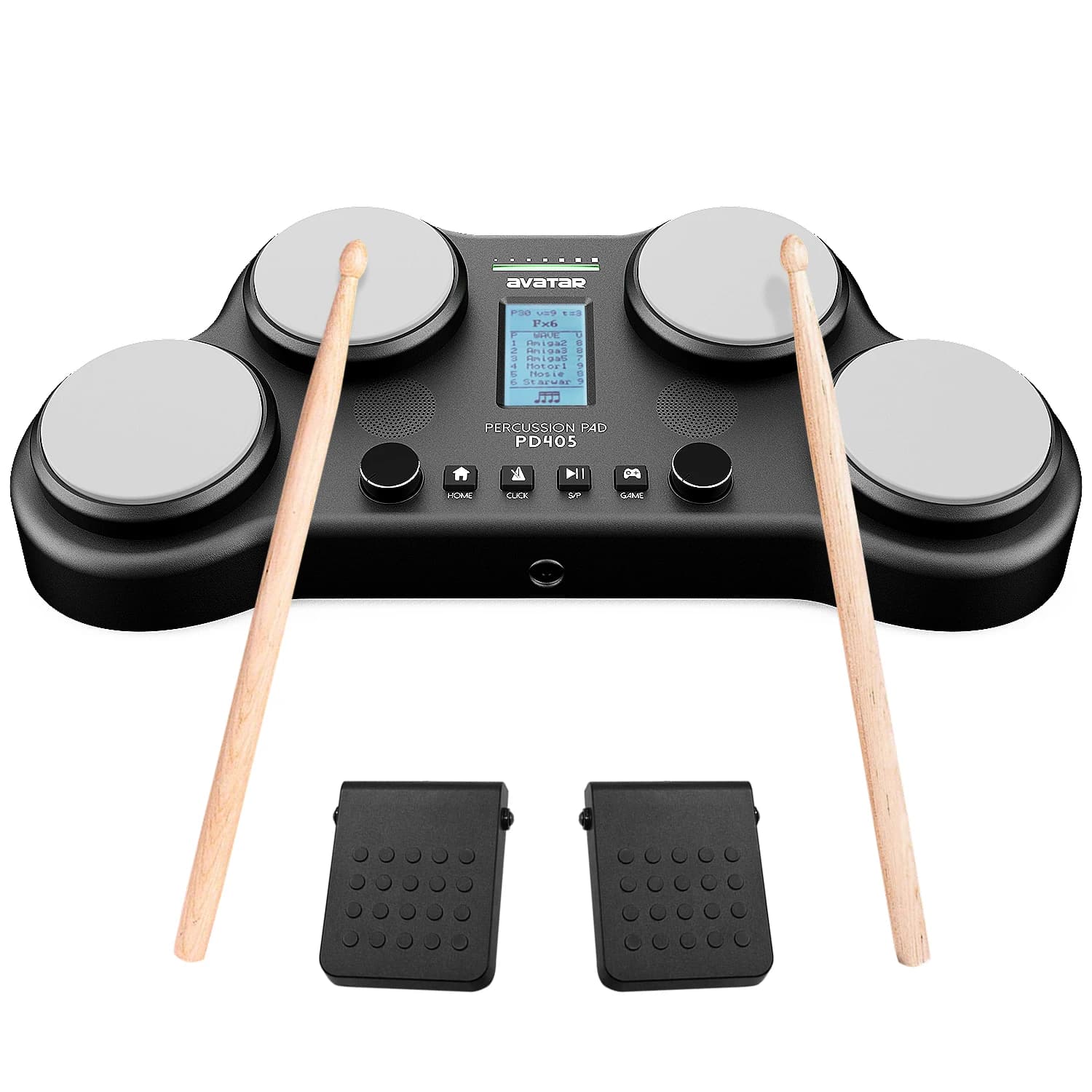 Pad a percussione PD405 con giochi educativi, suoni vividi, Include 2 pedali e bacchette, nero