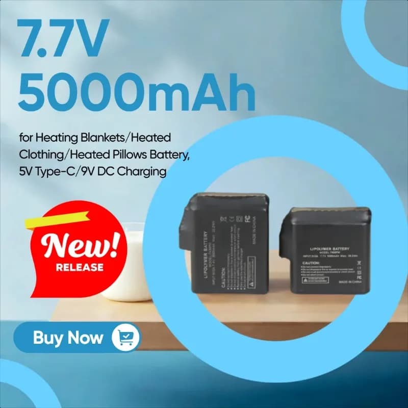 Batteria al litio aggiornata da 7,7 V 5000 mAh per coperte riscaldanti/abbigliamento riscaldato/batteria per cuscini riscaldati, ricarica 5 V tipo C/9 V CC