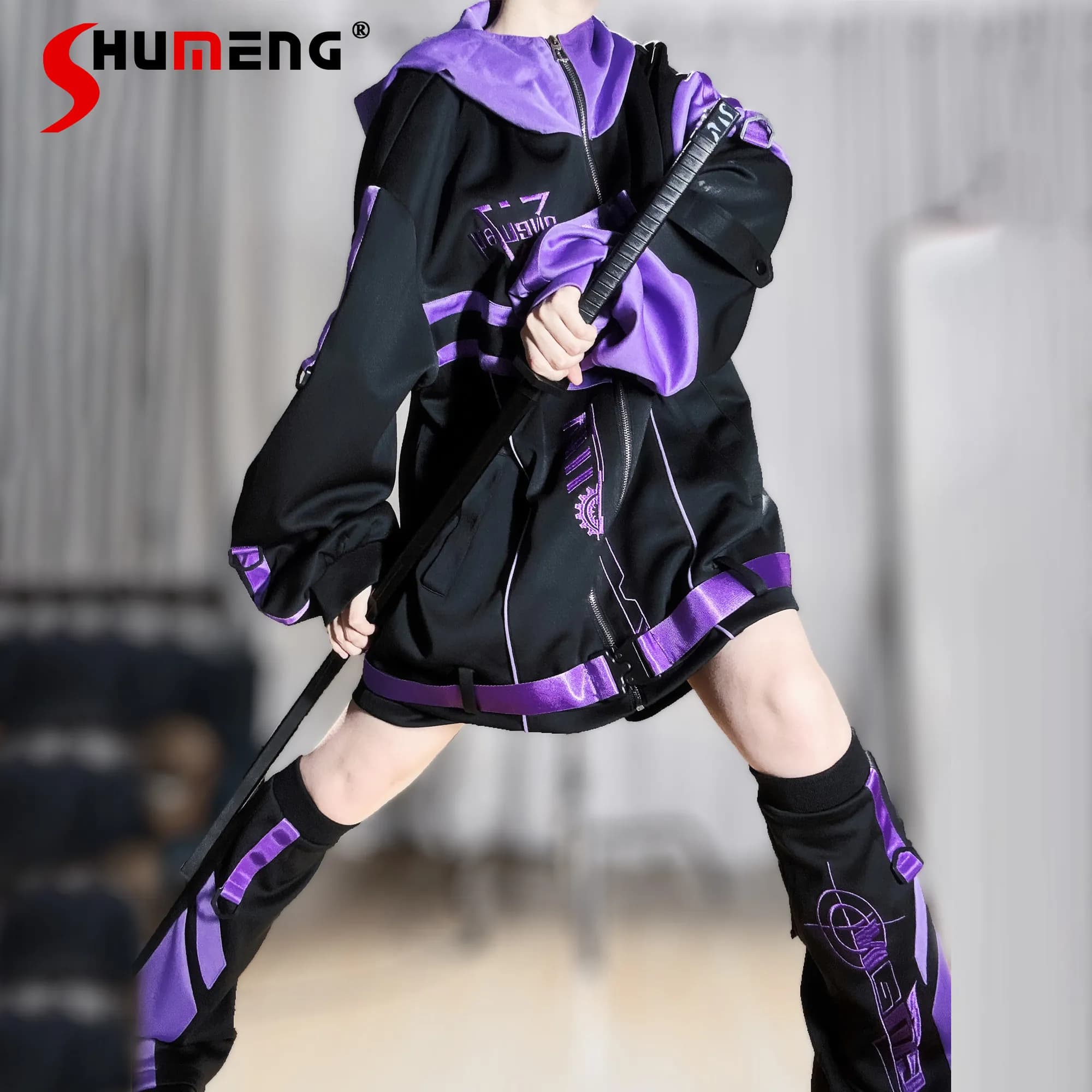 Set Originale Giapponese Stile Y2k con Pantaloncini Neri e Viola, Abbigliamento Sportivo Dolce e Cool, Giacca Oversize Kawaii con Pantaloncini e Scaldamuscoli