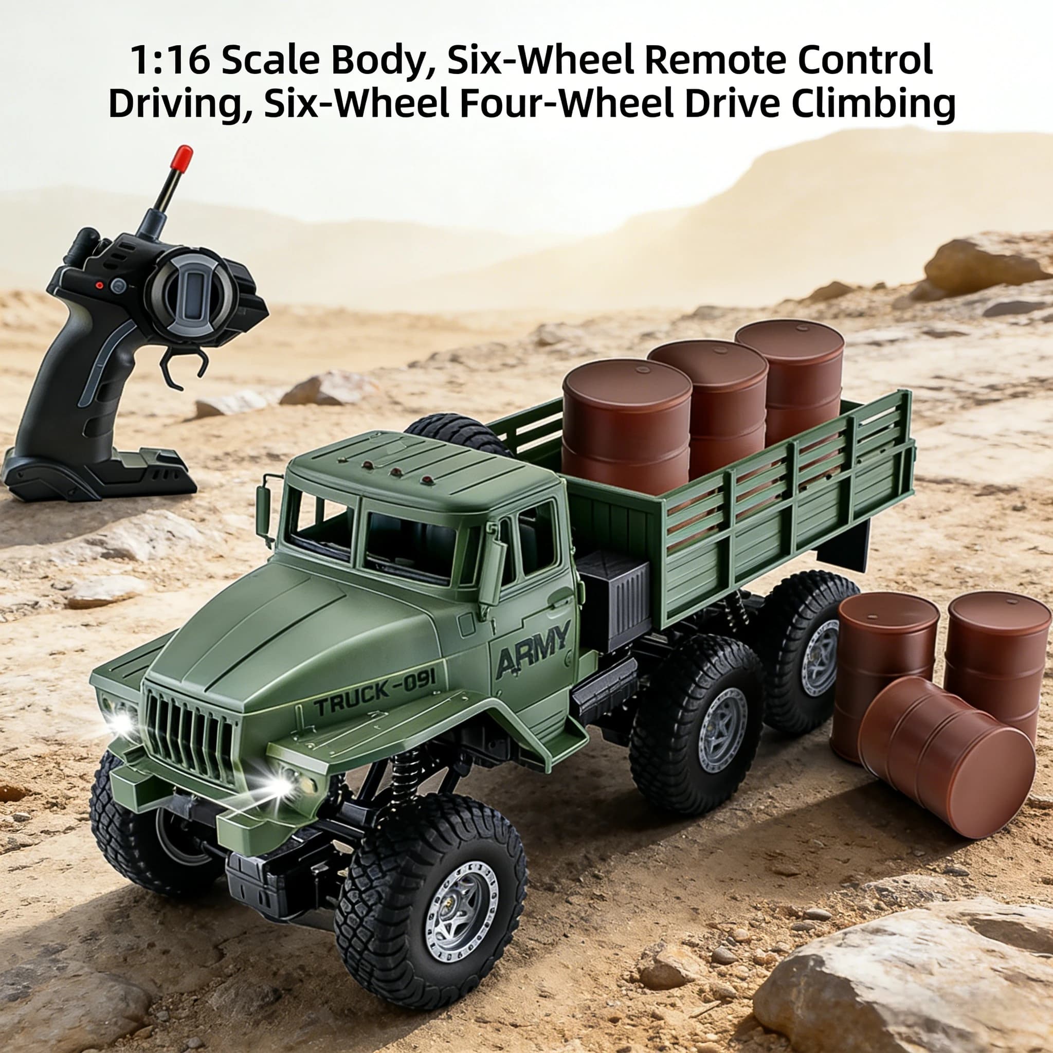 Camion Militare RC 6WD 1:16 con Telecomando 2.4G, Fuoristrada con Luci LED, Veicolo Giocattolo da Trasporto, Regalo per Bambini e Ragazzi