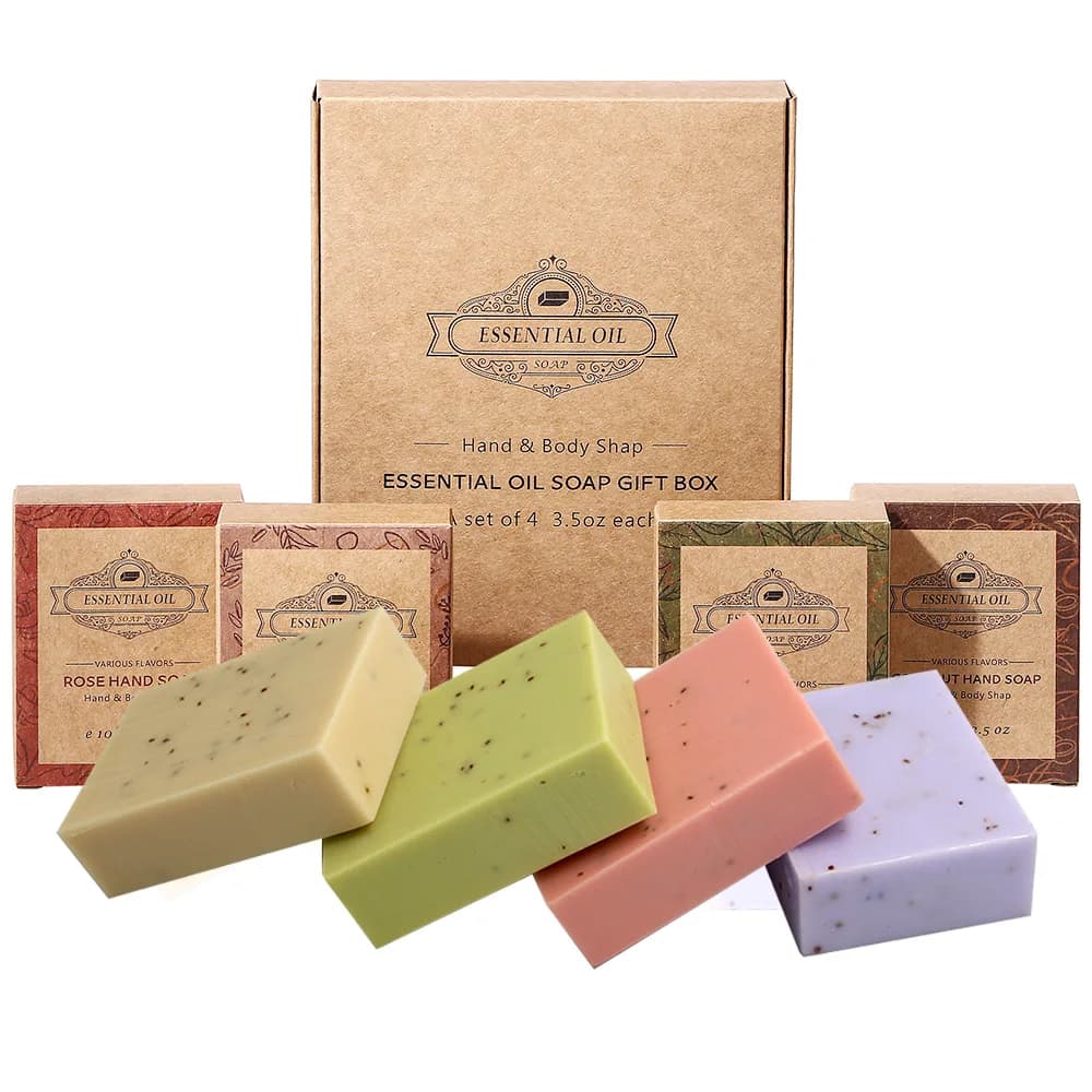 Pack of 4 soaps glazed with lavender - 4, essential coconut oil, tea tree - Kraft paper box for gifts and luxurious travel experience