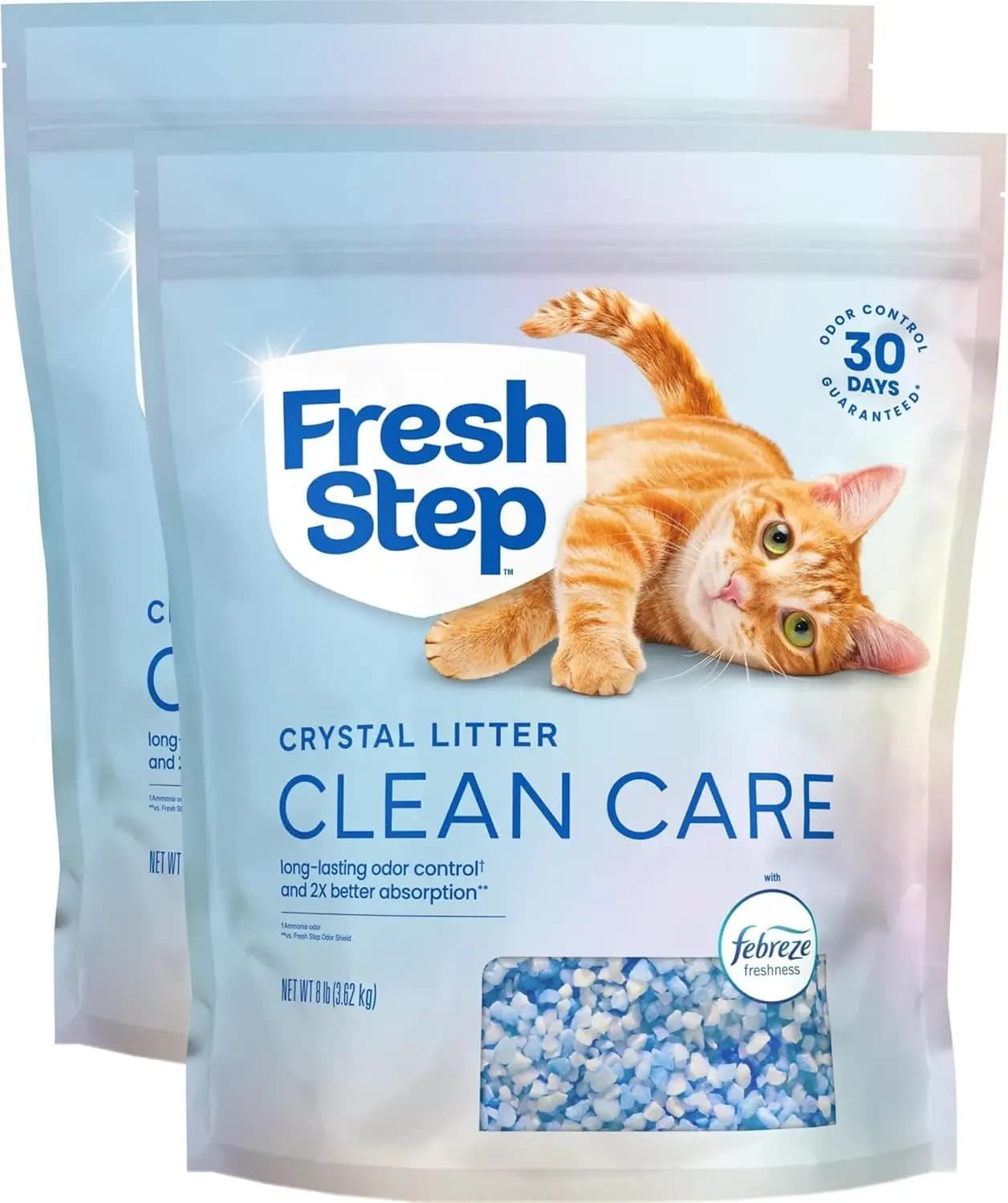 Lettiera per gatti leggera in cristalli con freschezza Febreze, controllo degli odori a lunga durata, a bassa emissione di polvere, 7,2 kg (2 sacchi da 4 kg)