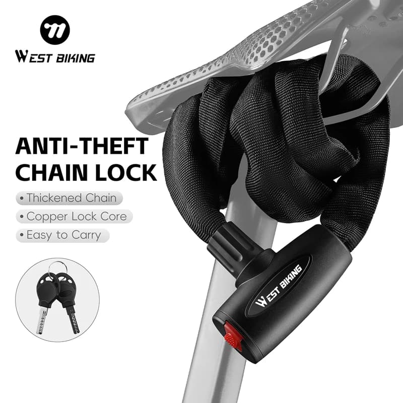 WEST BIKING Anti-theft Bicycle Chain Lock Alloy Steel Copper Lock Core For Bicycle E-bike Motorcycle Security Lock 0.6/0.9/1.2m