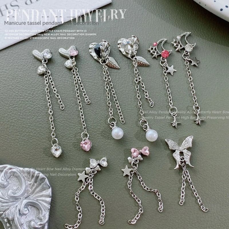 3 pzluxury Bow Flower Love Moon Chain zircone cristalli strass argento Nail Art gioielli decorazioni accessori per unghie