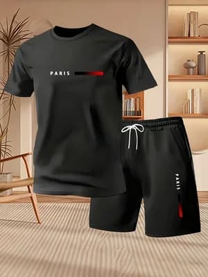 2026 New Fashionable Simple Paris Letter Printed Men's Short Sleeved T-shirt+Shorts Sportswear Summer Casual Loose 2-piece Set
