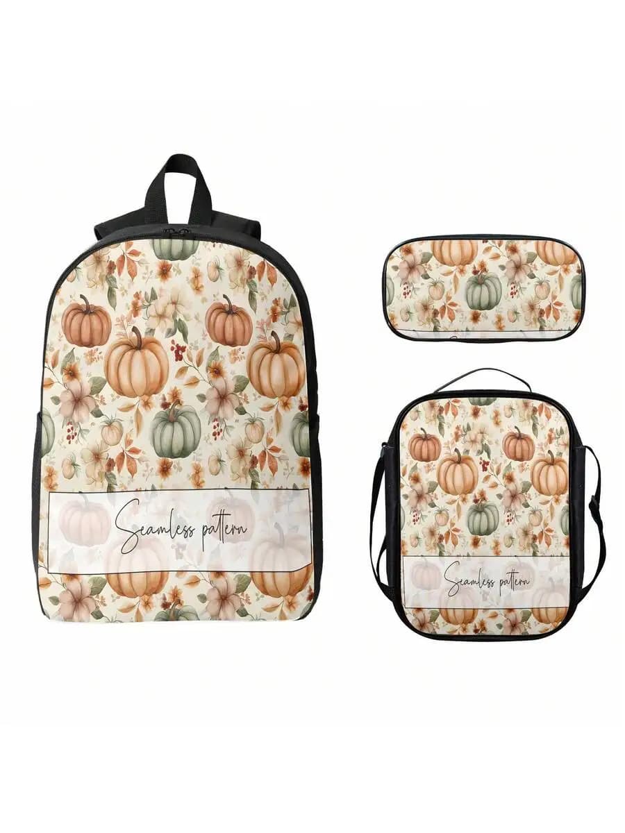 Pumpkin Floral Pattern Backpack Pencil Case Lunch Bag Three Piece Set