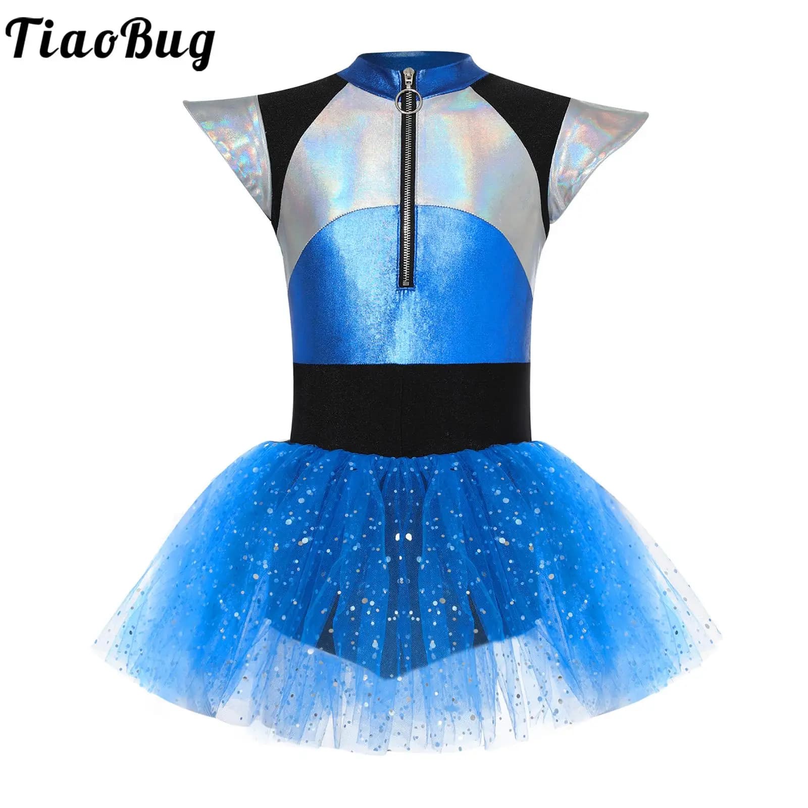 Alien cosplay costume for girl, cheerleader dance dress, short sleeve, glossy sequins, tutu, body, Halloween party