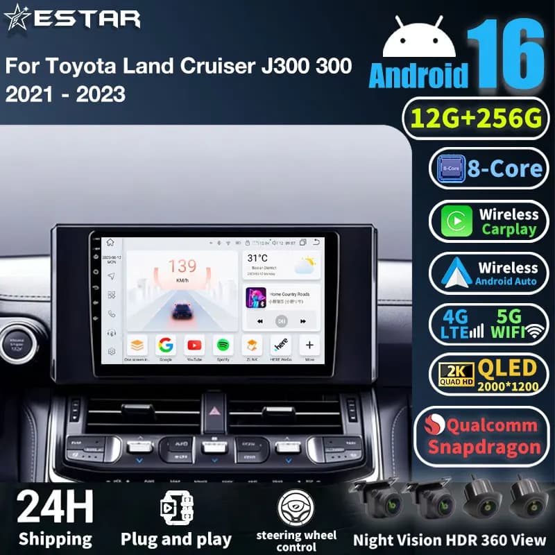 Autoradio Android 16 per Toyota Land Cruiser J300 300 2021 - 2023 Lettore multimediale GPS Navi Stereo Wireless Carplay Video QLED