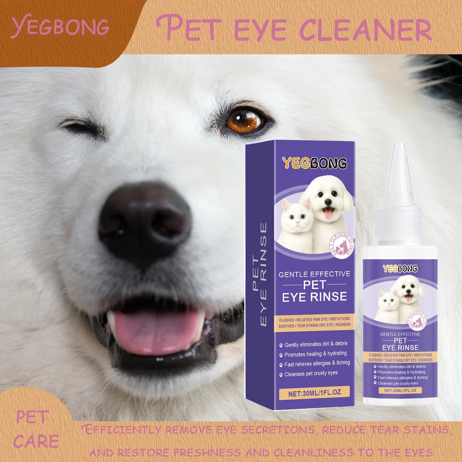 Yegbong Gocce per gli occhi per animali domestici Pulite delicatamente macchie di strappo, secioni, blocchi, gocce per la cura di cani e gatti, universali 30 ml