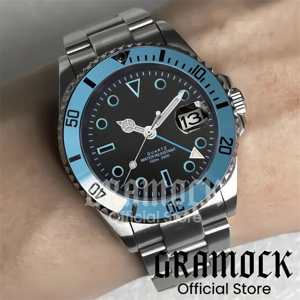 Gramock 40MM GMT Orologio da uomo Cielo Blu Lunetta in ceramica Acciaio Oyster Strap Orologi da uomo Vetro zaffiro Impermeabile Reloj Hombre