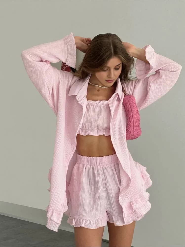 Set da 3 Pezzi Tinta Unita da Donna con Top a Fascia Arricciato, Pantaloncini e Camicia Oversize, Completo Casual per Casa, Outfit alla Moda