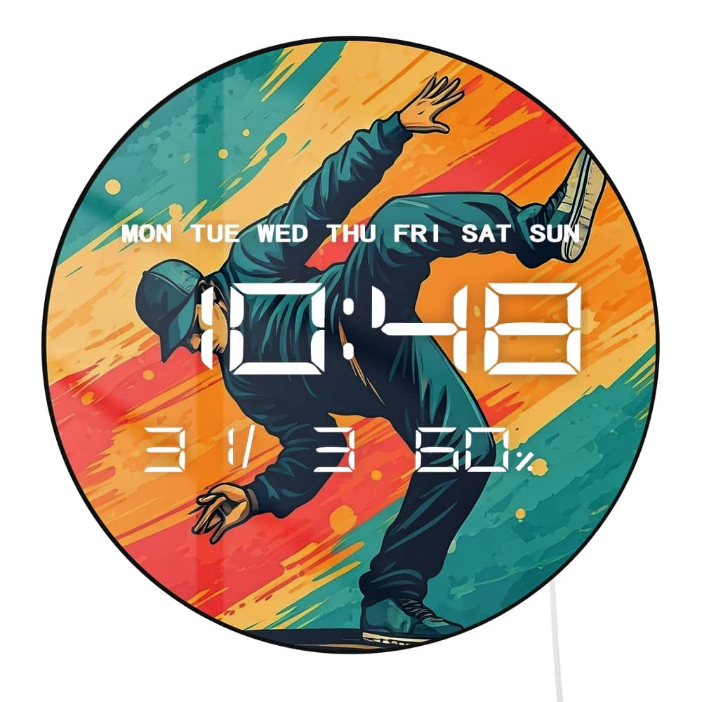 Orologio Digitale LED Stile Old School Break Dancing con Dimmer Automatico, Timer 12/24 Ore, Orologio da Parete Elettronico con Calendario, Data e Temperatura