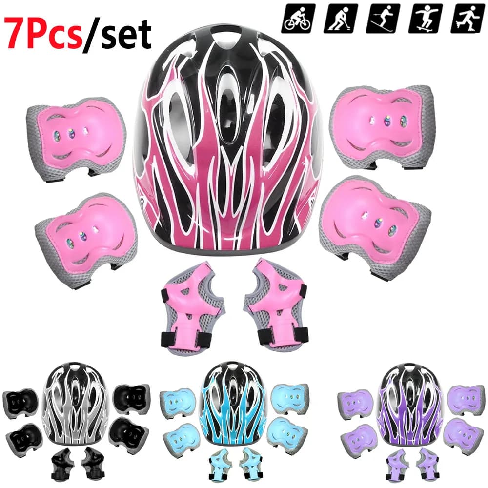 7 pcs bicycle helmet for children, helmet for kids kneecaps and elbows protection for wrists adjustable protective equipment set for girls 3-10 years