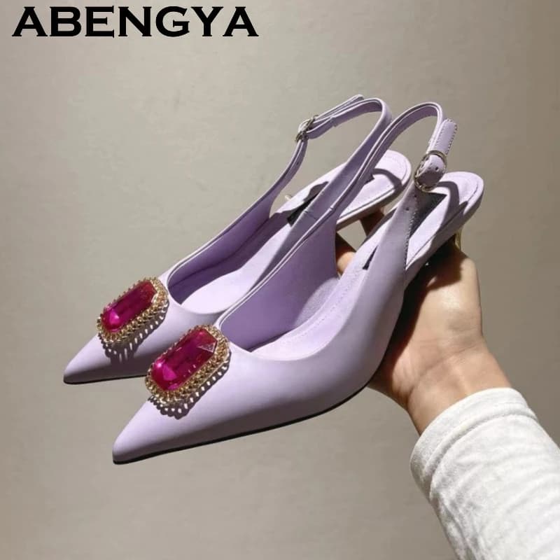 2026 Summer Shining Rhinestone Thin High Heels Sandals Women Pointy Toe Slingbacks Pumps Ladies Sexy Runway Party Sandals Femme