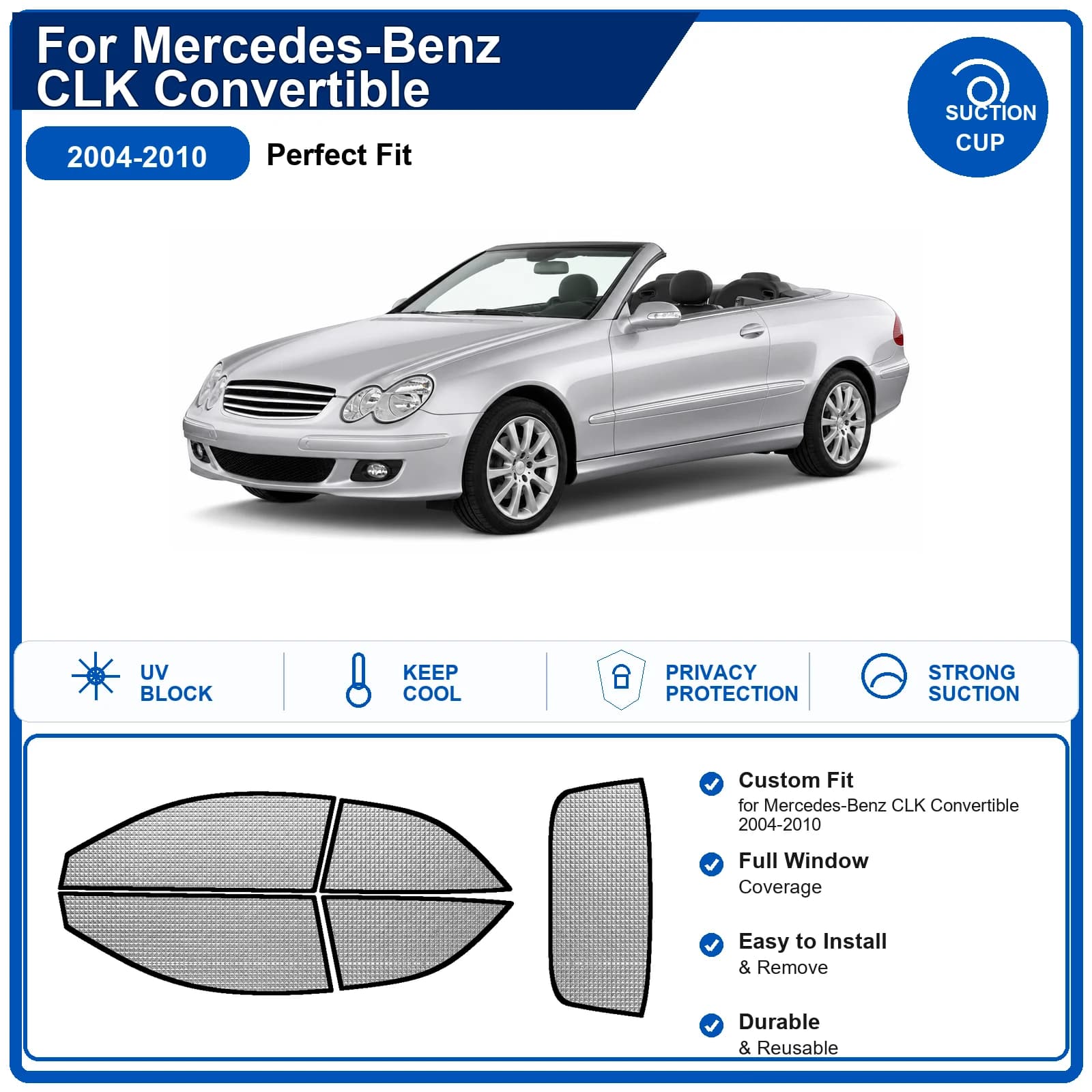 For Mercedes-Benz CLK Convertible 2004-2010 Custom Full Set Windshield Sun Shade Aluminum Foil Heat Insulation Anti UV Foldable