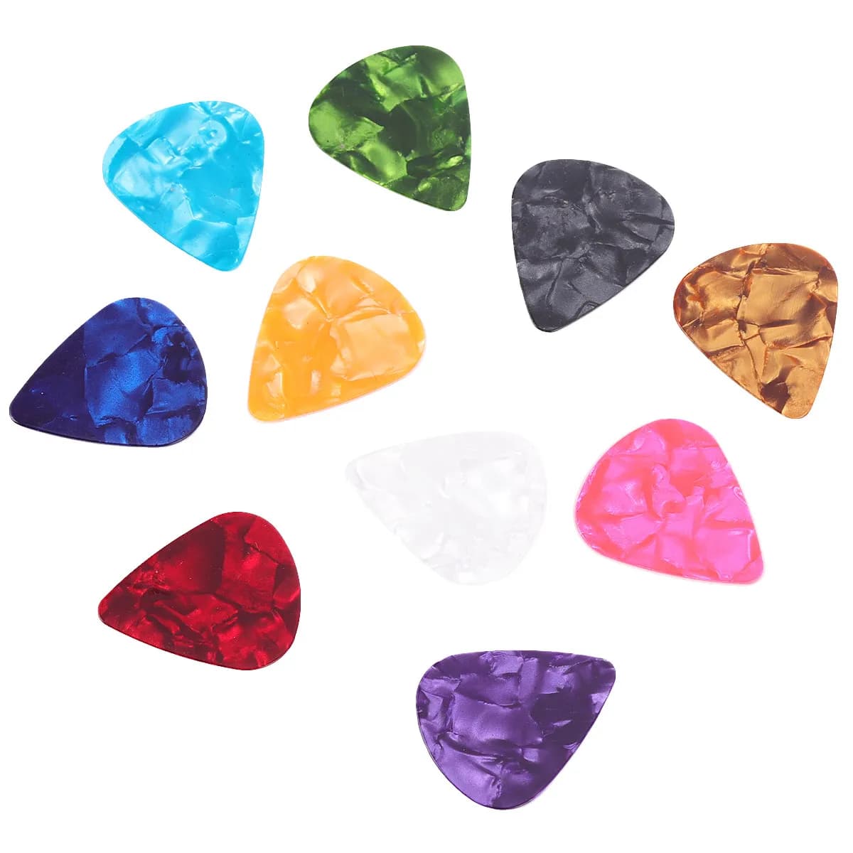 Set di 50 plettri per chitarra in plastica, materiale in celluloide, prestazioni sonore professionali, ideali per principianti, utilizzabili con pollice, indice e dita.