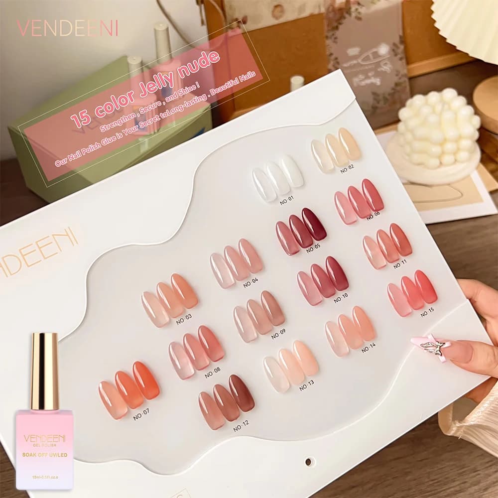 Vendeeni Set di 15 Colori Smalto Gel Trasparente Rosa Nude, Smalto Gel UV Soak Off, Lacca Gel Color Pelle con Espositore