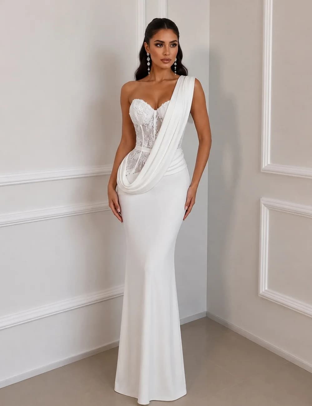 White Exquisite Classic Jersey Pleat Draped Lace Beading Sequined Mermaid One-shoulder Floor-Length Evening Dresses Customize