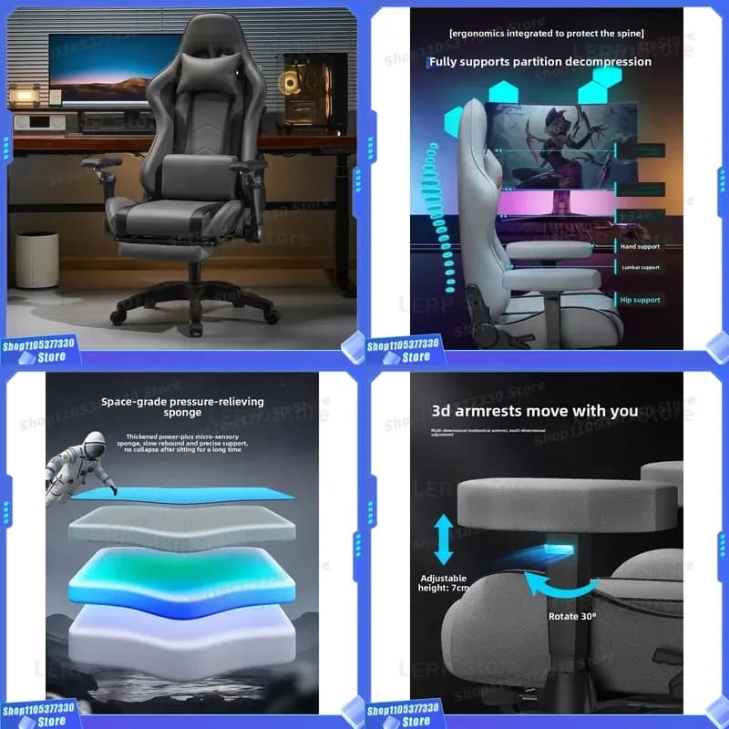 Ergonomic Gaming Chair PU Leather Computer Seat with Adjustable Height and Footrest Large Angle Reclining Five Star Base for