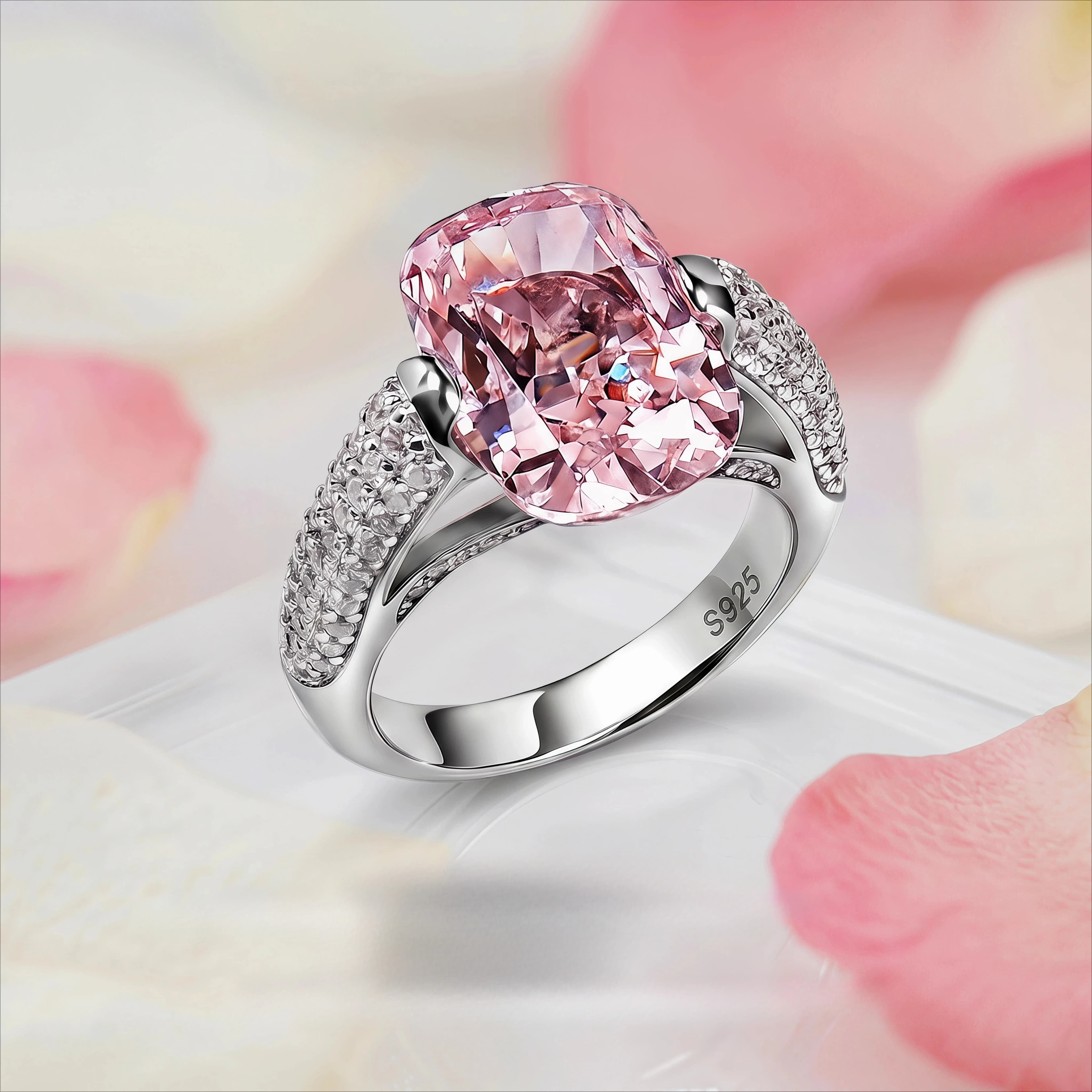 Anello in Argento S925 con Diamante Rosa Rettangolare, Lusso Discreto, Design di Nicchia, Leggermente Incastonato con Diamanti Scheggiati, Regalo per la Fidanzata