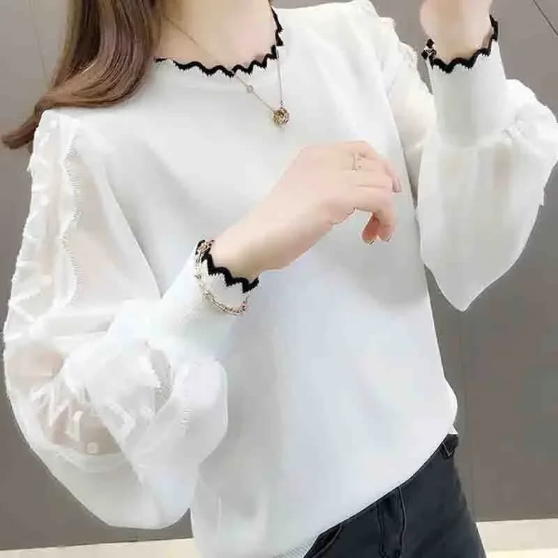 Korean Women Splicing Large Size Lace Knitted Tops Female Spring Autumn Annals Fashion Lantern Sleeve Chiffon Lace Tops