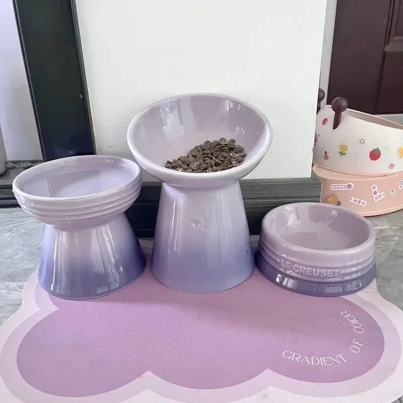 High Foot Ceramic Cat Bowl Oblique Mouth Design Large Caliber Pet Food Dish Protecting Cervical Neck Colorful Feeding Vessel