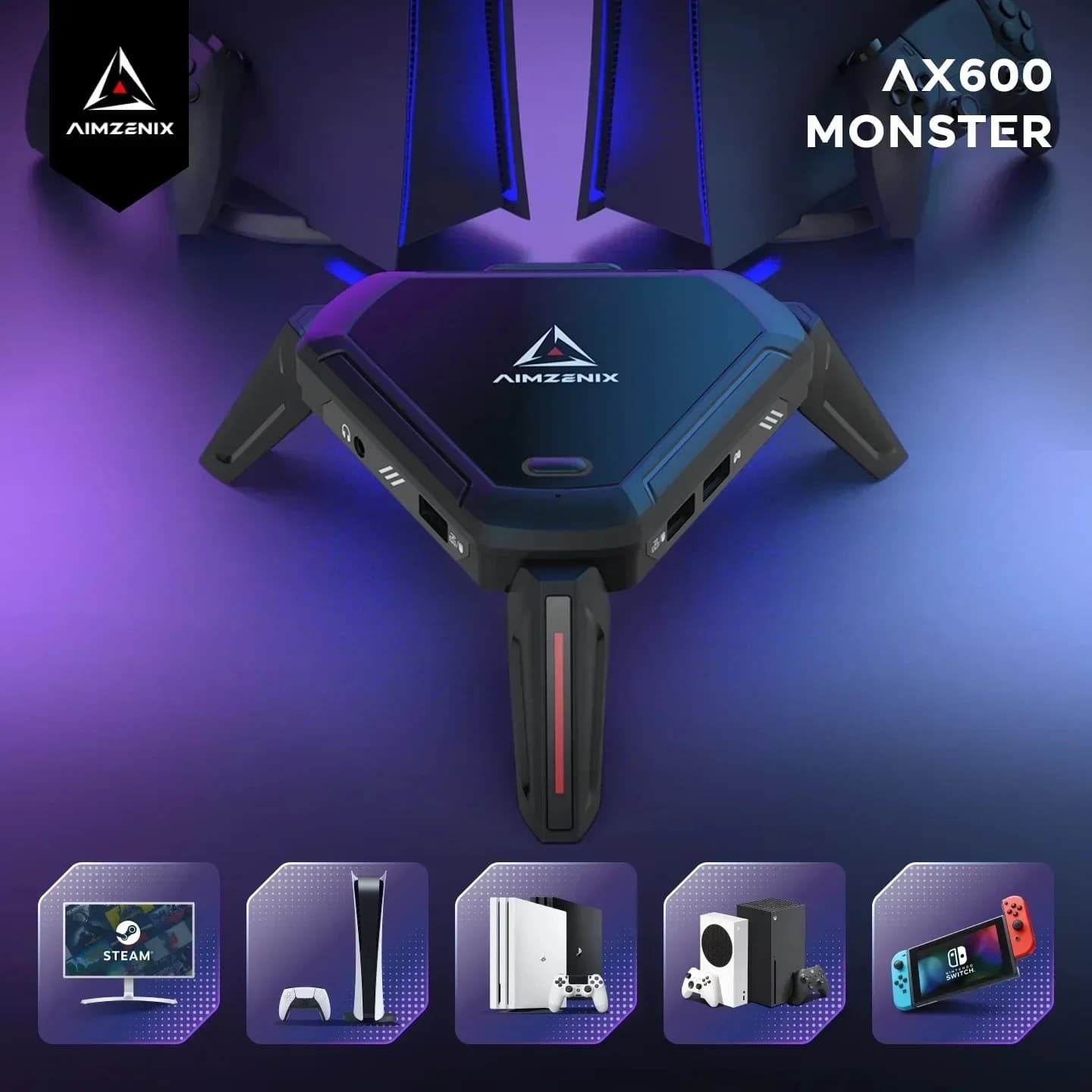 Convertitore tastiera e mouse AIMZENIX AX600 MONSTER Pro per PS5, Xbox Series X | S, Switch - Adattatore da gioco FPS Plug & Play con 3,5