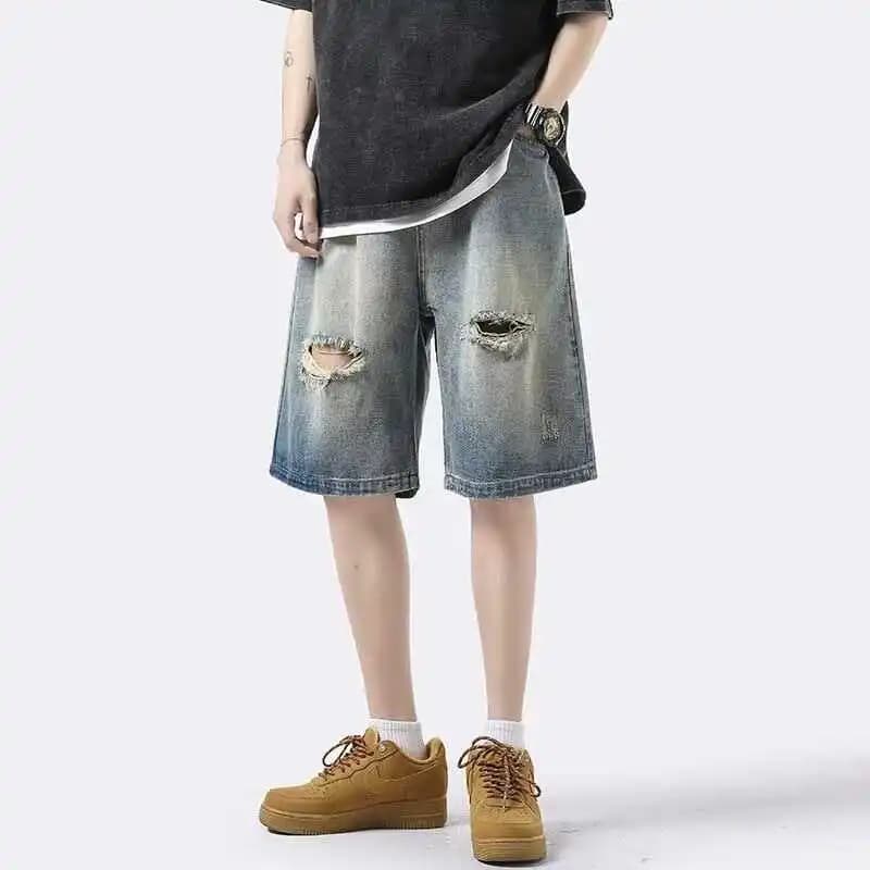 Japanese Style Retro Hole Denim Shorts Men's Trendy Classic Summer Thin Straight Five-Part Middle Pants Wear Resistant Casual