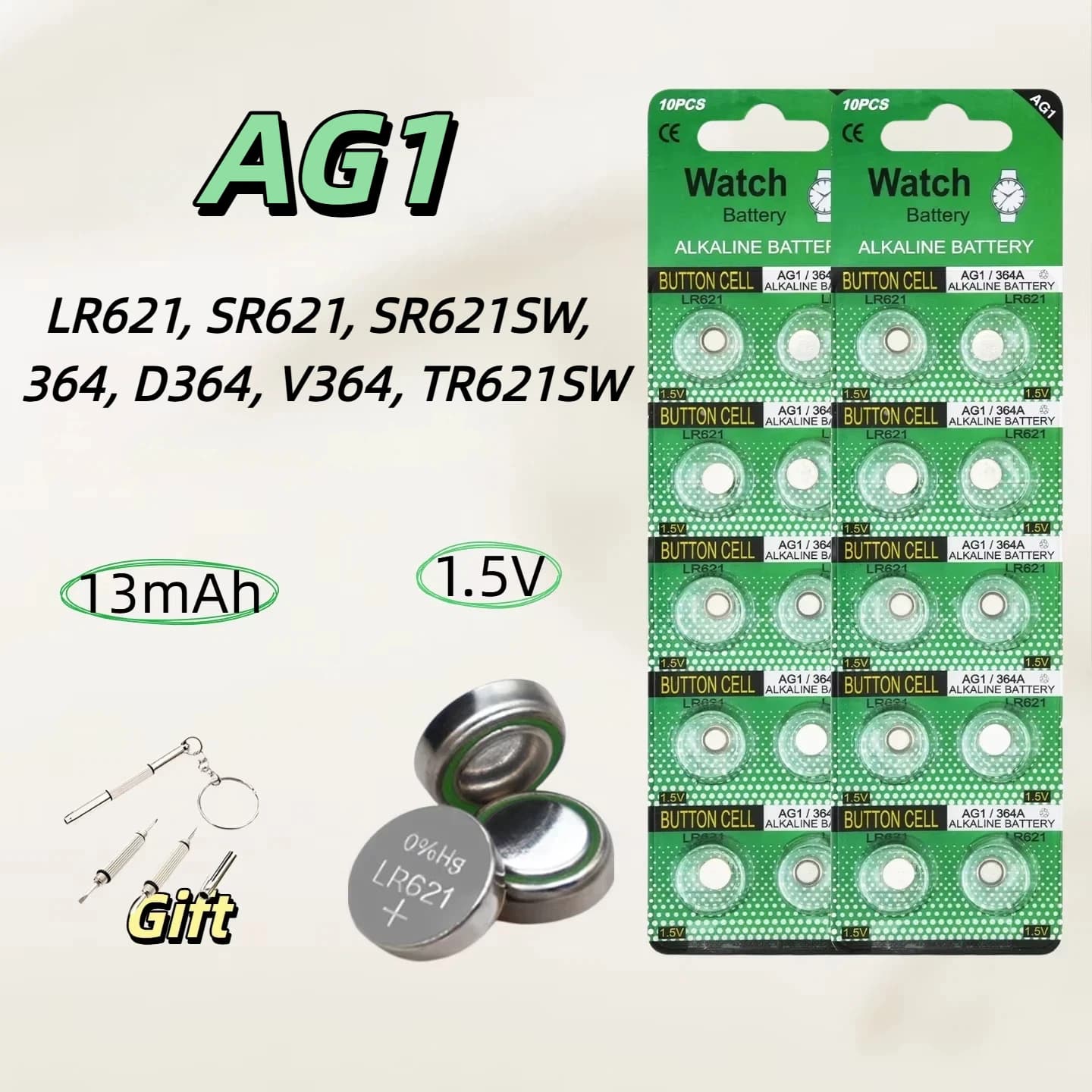 Batteria per orologio AG1 LR621 1.5V 10 pezzi, per orologio al quarzo, calcolatrice, termometro - Spedizione veloce