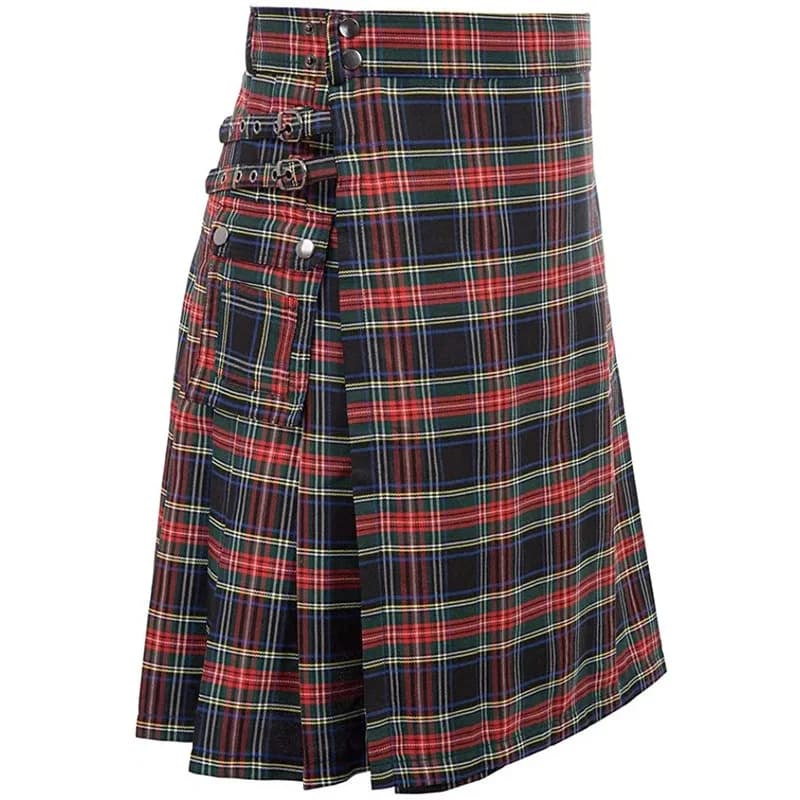 CyMens Scottish Traditional Highland Tartan Kilt 100% Cotton Jeans Hybrid Kilt, Modern Plaid Pleated Traditional Tartan Men's Ki