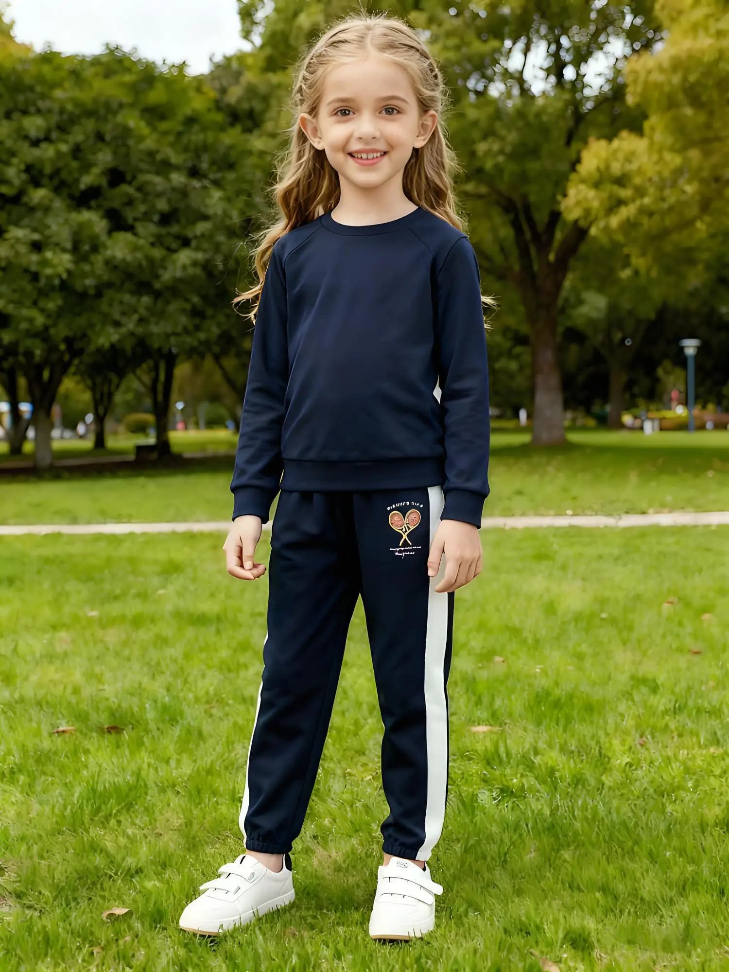 Dark blue jogging pants for girl - White side stripes, tennis racket graphics and "Tennis Lovers Club" print, pretty casual sports pants
