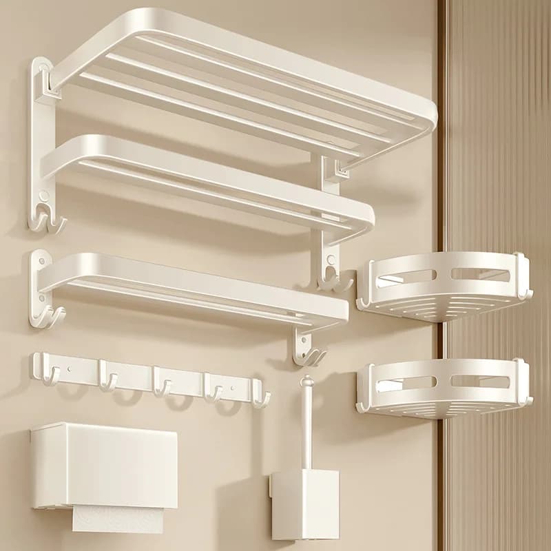 Portasciugamani Cream Wind, Portasciugamani da Bagno Senza Foratura, Asta Appendiabiti da Parete in Alluminio per Bagno e Toilette