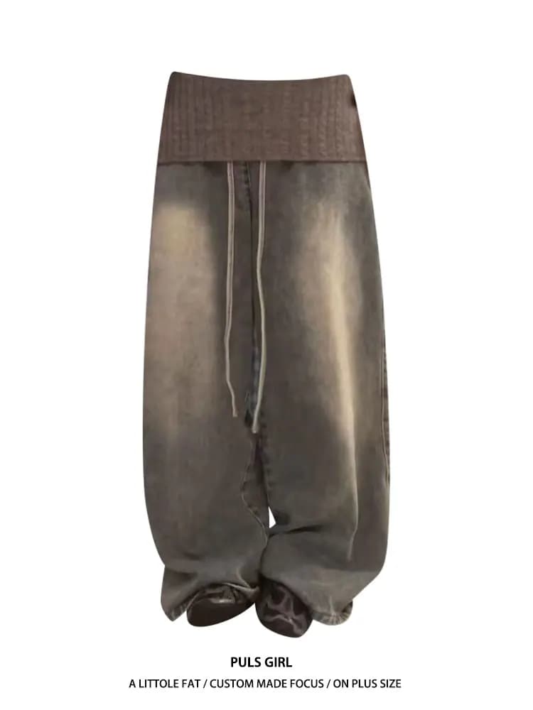 Retro American Large Size Knitted Patchwork Flip Waist Denim Jeans Women's Wide Leg Long Pants High Waist Casual Style